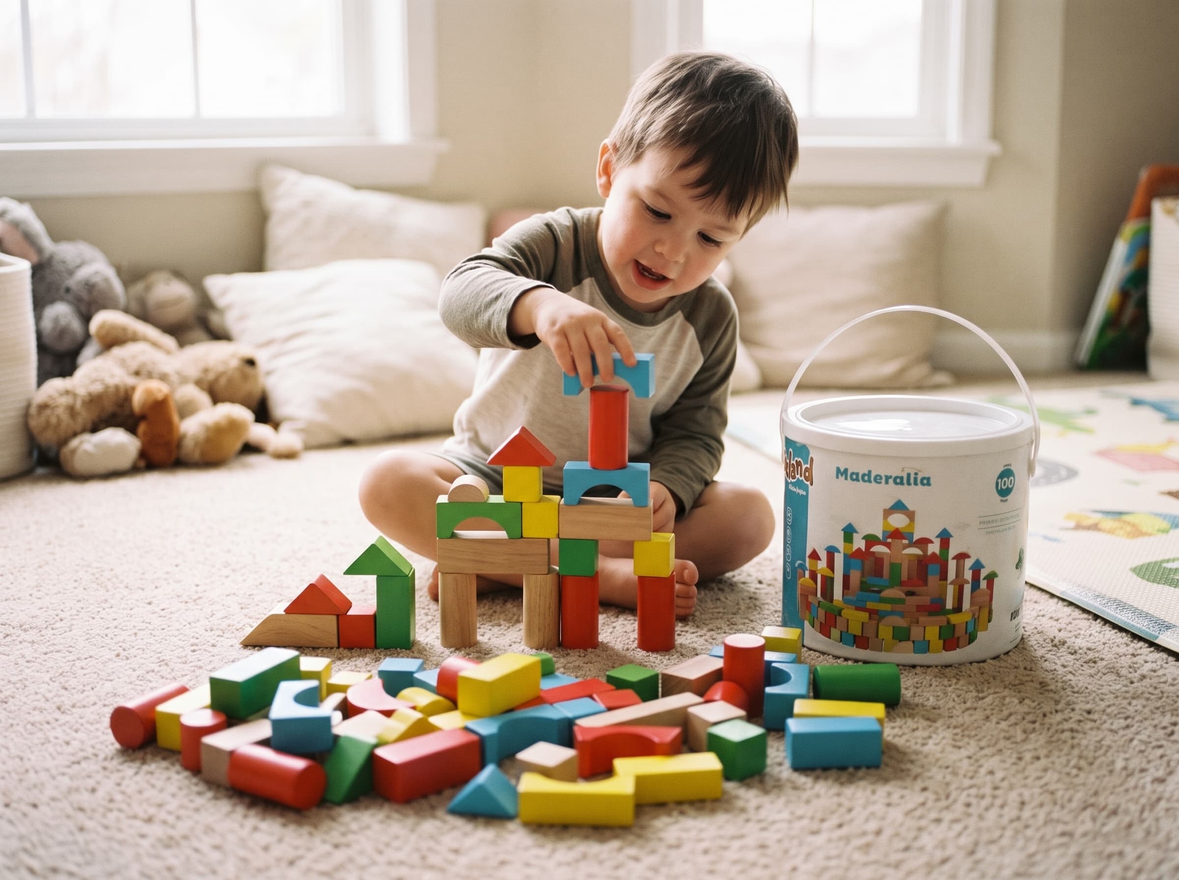 Pre-loved Kidland Maderalia 100-Piece Wooden Building Blocks in Storage Tub